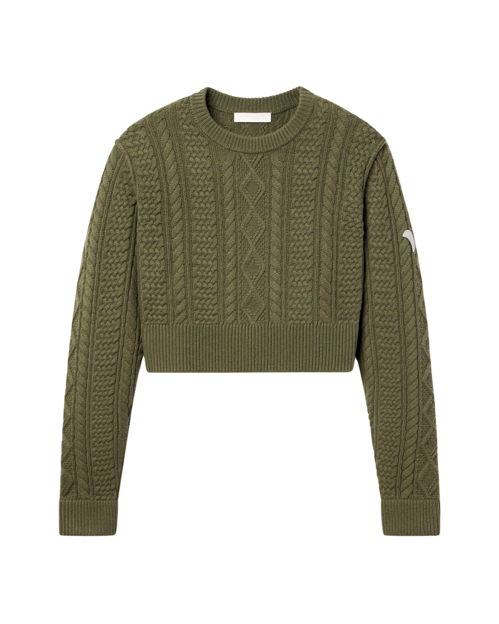 allume VF Merino Cashmere Green RS—03C Cropped Cable Knit Olive Knitwear