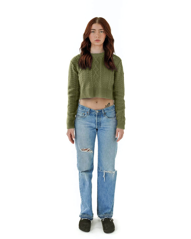 VF Merino Cashmere Green RS—03C Cropped Cable Knit Olive Knitwear RS—03C Cropped Cable Knit